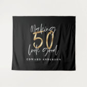 モダンな黒とゴールドの50歳の誕生日 タペストリー (正面(横))