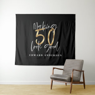 モダンな黒とゴールドの50歳の誕生日 タペストリー