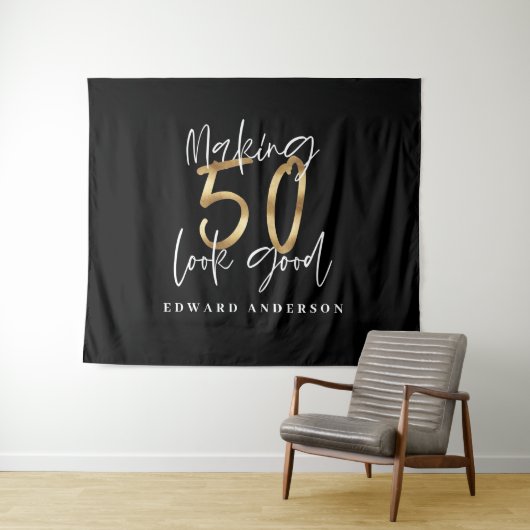 モダンな黒とゴールドの50歳の誕生日 タペストリー (インサイチュ(横))