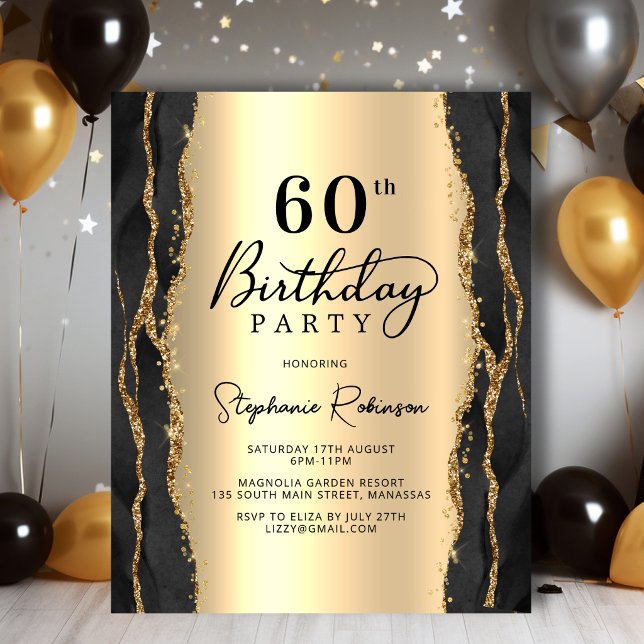 モダンな黒とゴールドの60歳の誕生日招待状 (クリエイターアップロード済み)