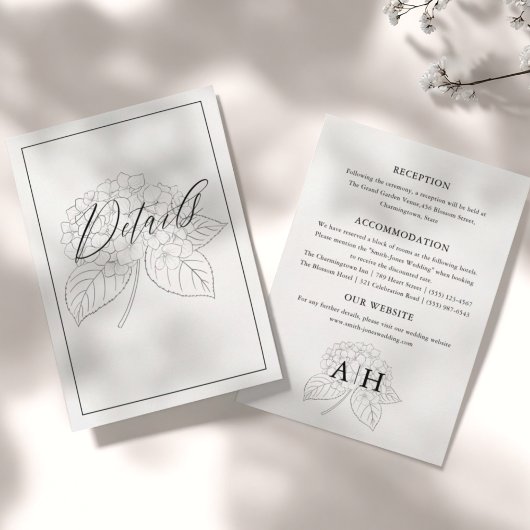 モダンな黒と白のアジサイの結婚式の詳細 エンクロージャーカード