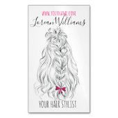 モダンな黒と白のウェーブヘアにピンクのリボン ヘアスタイリングデザイン マグネット名刺 (正面縦)