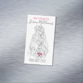 モダンな黒と白のウェーブヘアにピンクのリボン ヘアスタイリングデザイン マグネット名刺 (インサイチュ)