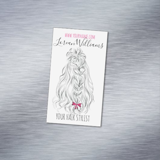 モダンな黒と白のウェーブヘアにピンクのリボン ヘアスタイリングデザイン マグネット名刺 (インサイチュ)