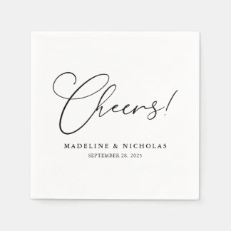 モダンな黒と白のカリグラフィーで「Cheers!」と書かれた結婚式のナプキン スタンダードカクテルナプキン