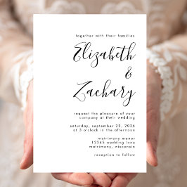 モダンな黒と白のカリグラフィー結婚式 招待状