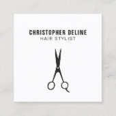 モダンな黒と白のシザーカットのヘアスタイリスト スクエア名刺 (正面)