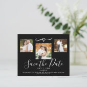 モダンな黒と白のストライプ写真の結婚式延期・日程変更通知カード (スタンド正面)