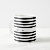 モダンな黒と白のストライプ模様 名前入り コーヒーM コーヒーマグカップ (正面左)