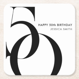 モダンな黒と白のミニマリスト様式の50歳の誕生日 スクエアペーパーコースター