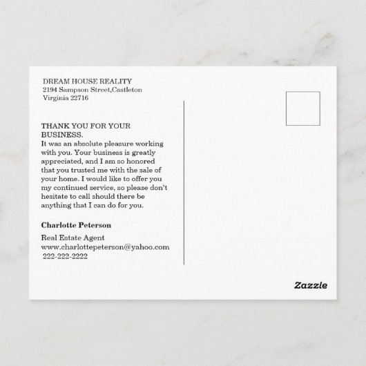 モダンな黒と白の不動産エージェント感謝状 ポストカード (裏面)