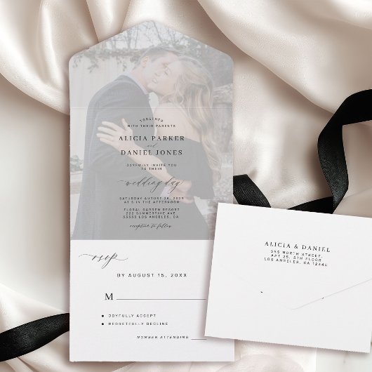 モダンな黒と白の写真の結婚式 オールインワン招待状