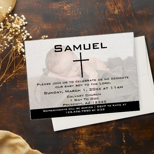 モダンな黒と白の写真を使った赤ちゃんの献堂式招待状 招待状