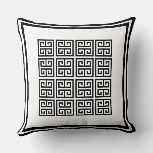 モダンな黒と白の幾何学的なギリシャ鍵模様 クッション (裏面)