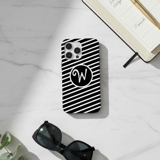 モダンな黒と白の斜めストライプモノグラム Case-Mate iPhoneケース