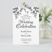 モダンな黒と白の水彩画のバラのウェディング 招待状 (スタンド正面)