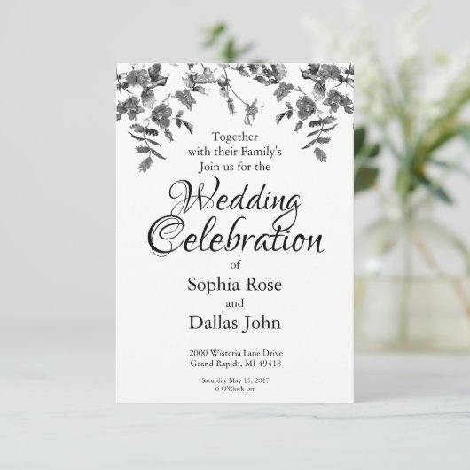 モダンな黒と白の水彩画のバラのウェディング 招待状 (スタンド正面)