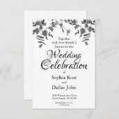 モダンな黒と白の水彩画のバラのウェディング 招待状 (正面/裏面)