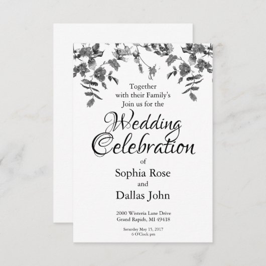 モダンな黒と白の水彩画のバラのウェディング 招待状 (正面/裏面)