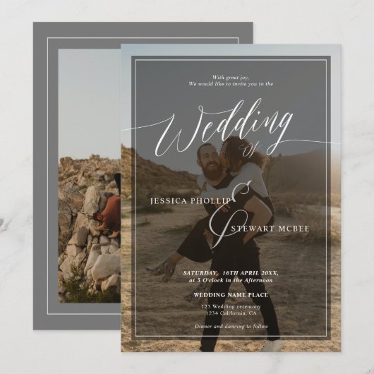 モダンな黒と白の結婚式のスクリプト2枚の写真 招待状 (正面/裏面)