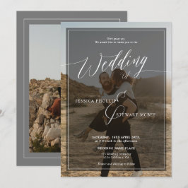 モダンな黒と白の結婚式のスクリプト2枚の写真 招待状