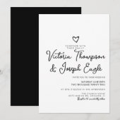 モダンな黒と白の結婚式ハートスクリプト 招待状 (正面/裏面)
