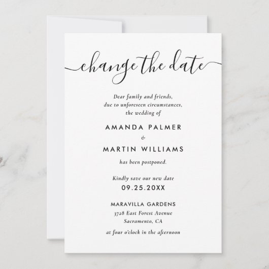 モダンな黒と白の結婚式延期のお知らせ 案内状 (正面)