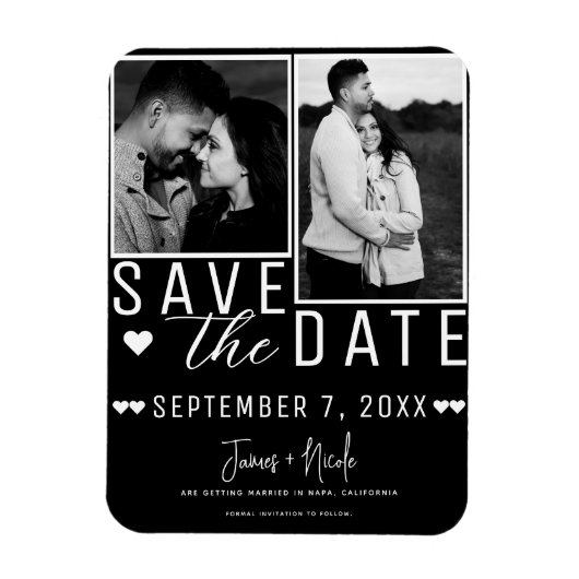 モダンな黒と白の結婚式延期のお知らせ 2枚の写真付き マグネット (縦)