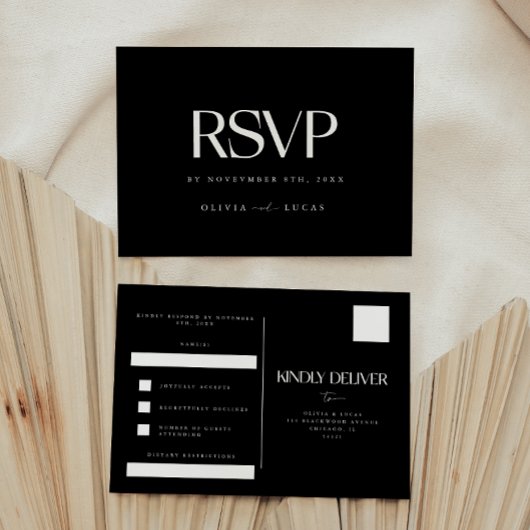 モダンな黒と白の結婚式RSVP ポストカード