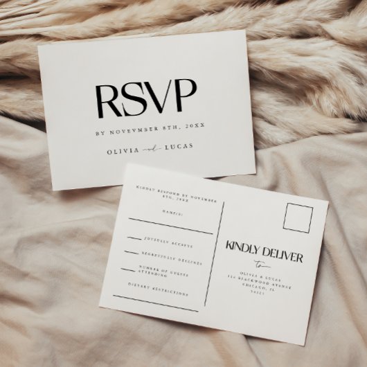モダンな黒と白の結婚式RSVP ポストカード