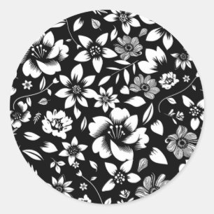モダンな黒と白の花と葉の吹き出し ラウンドシール
