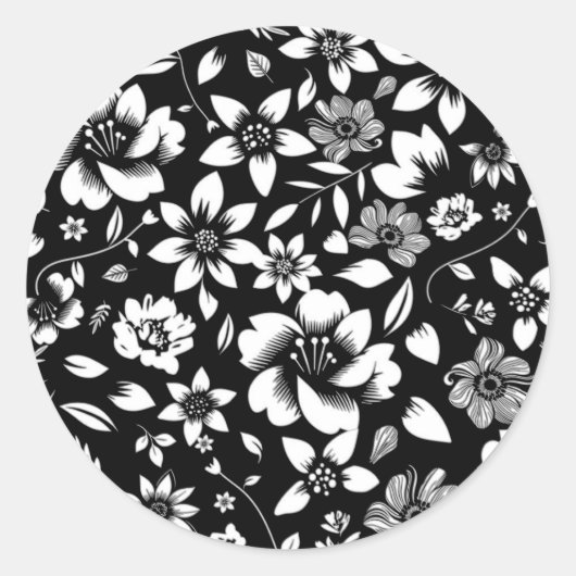 モダンな黒と白の花と葉の吹き出し ラウンドシール (正面)