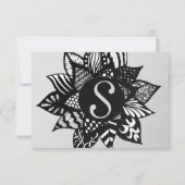 モダンな黒と白の花のタングル描画パターン 招待状 (裏面)