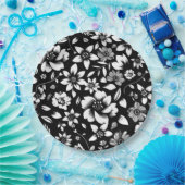 モダンな黒と白の花の葉が揺れる ペーパープレート (パーティー)