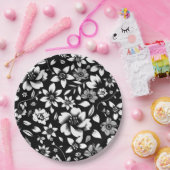 モダンな黒と白の花の葉が揺れる ペーパープレート (パーティー)