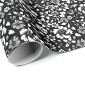 モダンな黒と白の花の葉が揺れる ラッピングペーパー (ロールコーナー)