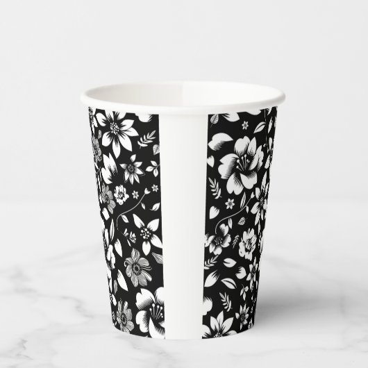 モダンな黒と白の花の葉が揺れる 紙コップ (左)