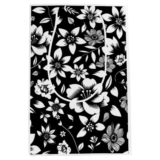 モダンな黒と白の花の葉が風に揺れる ミディアムペーパーバッグ (正面)