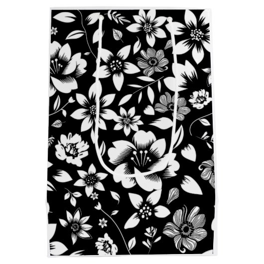 モダンな黒と白の花の葉が風に揺れる ミディアムペーパーバッグ (裏面)