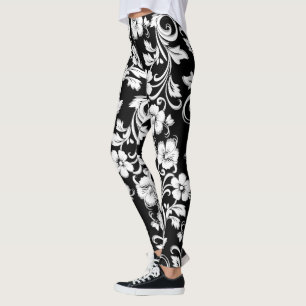 モダンな黒と白の花の透かし彫りアート レギンス