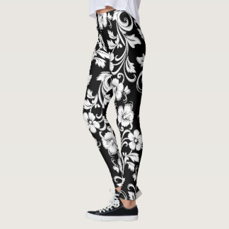 モダンな黒と白の花の透かし彫りアート レギンス