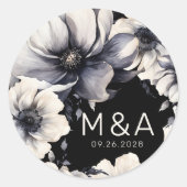 モダンな黒と白の花柄のエレガントな結婚式 ラウンドシール (正面)