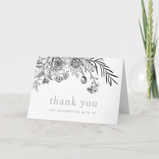 モダンな黒と白の花柄の感謝カード サンキューカード (正面)
