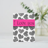 モダンな黒と白の落書きハート 「愛してる」 ポストカード (スタンド正面)