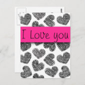 モダンな黒と白の落書きハート 「愛してる」 ポストカード (正面/裏面)