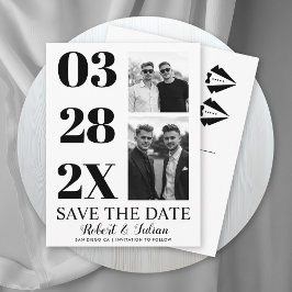 モダンな黒と白の2枚の写真を使ったゲイのSave the Date ポストカード