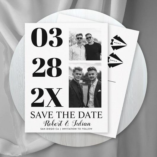 モダンな黒と白の2枚の写真を使ったゲイのSave the Date ポストカード