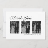 モダンな黒と白の3枚の写真の結婚式 サンキューカード (正面)