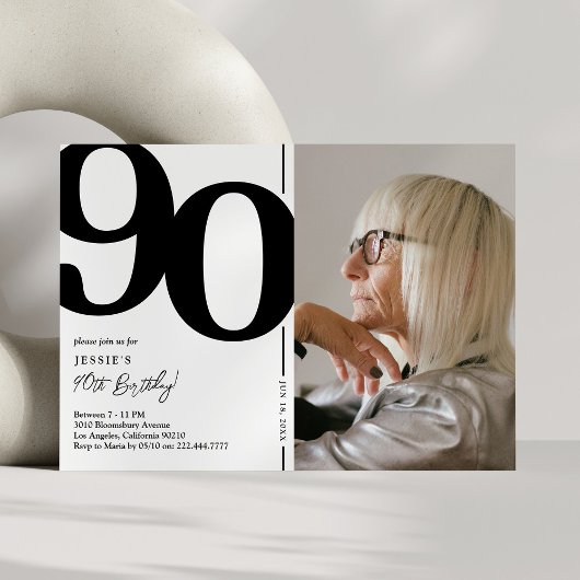 モダンな黒と白の90歳の誕生日写真 招待状