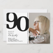 モダンな黒と白の90歳の誕生日写真 招待状 (正面)